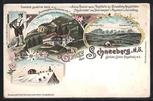 Lithographie Puchberg am Schneeberg, Fischerhütte und Kaiserstein, Station der Schneebergbahn