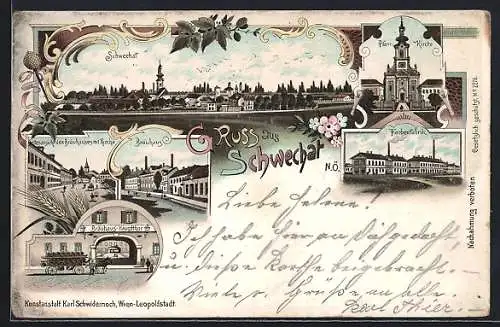 Lithographie Schwechat /N. Ö., Gasthof Bräuhaus, Seitenansicht mit Kirche, Haupttor