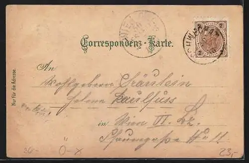 Lithographie Schwechat /N. Ö., Gasthof Bräuhaus, Seitenansicht mit Kirche, Haupttor