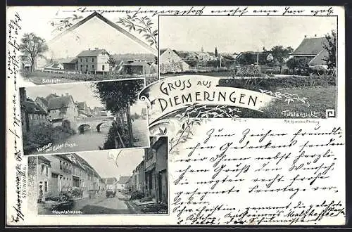 AK Diemeringen, Bahnhof, Vorstadt mit Eickel-Fluss, Hauptstrasse