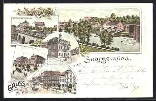 Lithographie Saargemünd, Panorama, Postamt u. Neuebrückenstr., Landgerichtsplatz