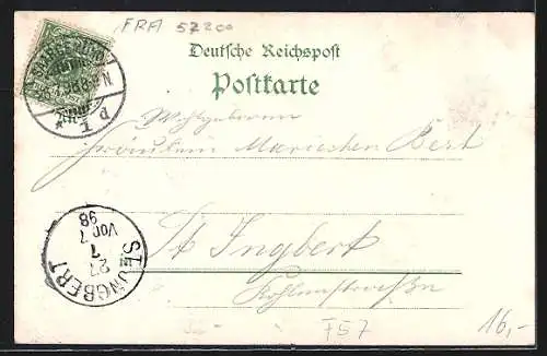 Lithographie Saargemünd, Panorama, Postamt u. Neuebrückenstr., Landgerichtsplatz