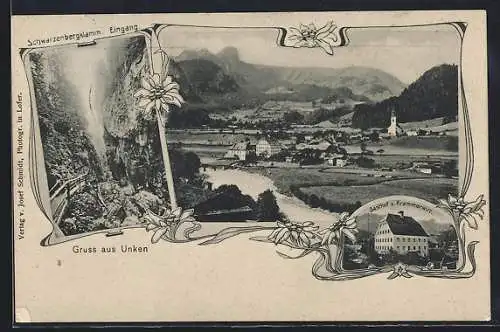 Passepartout-AK Unken, Gasthof zum Krammerwirt, Schwarzenbergklamm, Gesamtansicht mit Fluss und Bergblick, Edelweiss