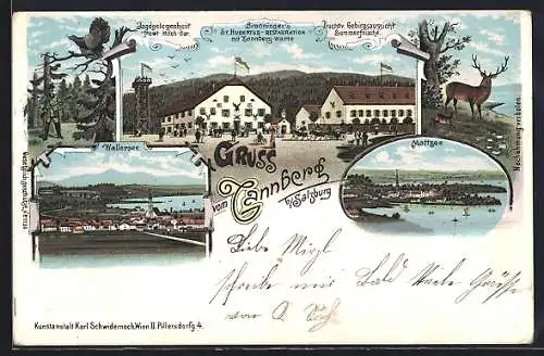 Lithographie Schleedorf, Gruss vom Tannberg, Bronninger`s St. Hubertus-Gasthaus Tannenberg-Warte, Mattsee, Auerhahn
