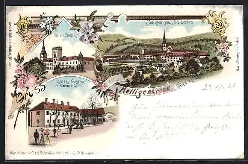Lithographie Heiligenkreuz, Gesamtansicht, Stifts-Eingang, Stifts-Gasthof