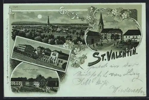 Lithographie St. Valentin, Bahnhof, Bahnhofstrasse, Kirche und Platz