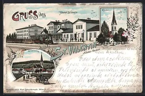 Lithographie St. Valentin, Bahnhof St. Valentin mit Dampflok, Kirche