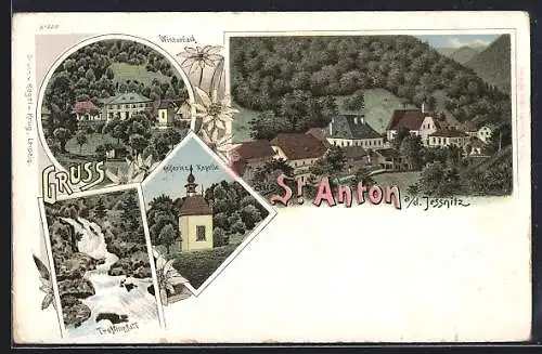 Lithographie St. Anton a. d. Jessnitz, Kalfarien-Kapelle, Treffingfall, Ortsansicht