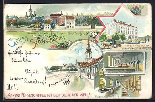 Lithographie Schwechat, Feigencafe-Fabrik, Kirche mit Hauptplatz, Feigen-Dörr-Halle