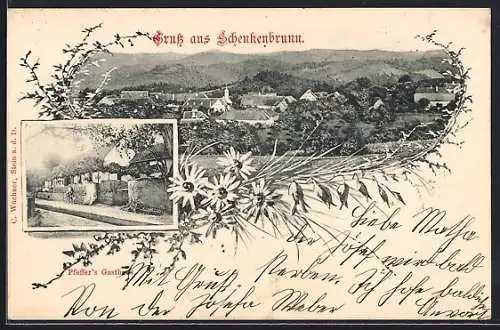 AK Bergern im Dunkelsteinerwald, Gruss aus Schenkenbrunn, Pfeffers Gasthaus, Ortsansicht aus der Vogelschau