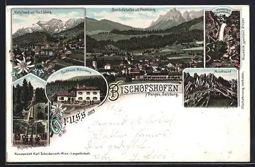 Lithographie Bischofshofen, Gesamtansicht, Gasthaus Mitterberg, Wasserfall