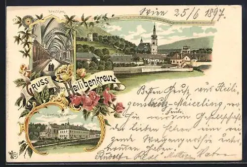 Lithographie Heiligenkreuz /Nied.-Oest., Blick auf den Ort, Maierling Kloster, Kreuzgang