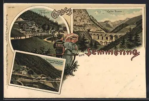 Lithographie Semmering, Hotel Stefanie und Bahnhof, Kalte Rinne