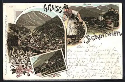 Lithographie Schottwien, Panorama, Klamm & Maria Schutz