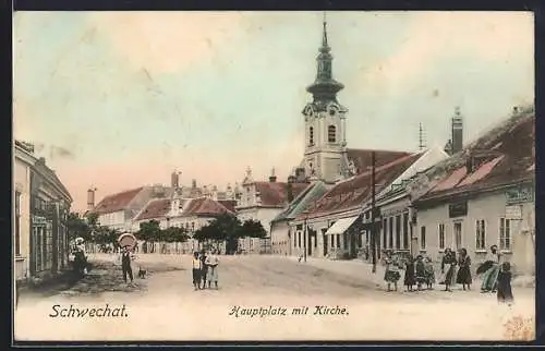 AK Schwechat, Hauptplatz mit Kirche