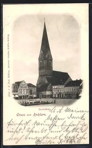 AK Anklam, Nicolaikirche mit Geschäft H. Teppich Nachf.