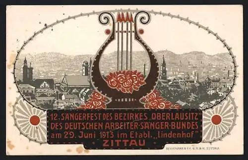 AK Zittau, 12. Sängerfest des Bezirkes Oberlausitz 1913, Stadtpanorama mit Harfe