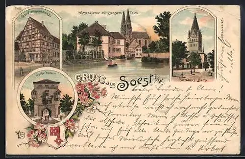 Lithographie Soest i. W., Patroklus-Dom, Osthofenthor, Rose (Freiligrathaus)