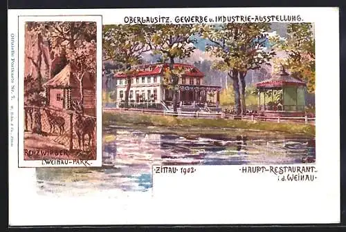 Künstler-AK Zittau, Oberlausitz. Gewerbe- und Industrie-Ausstellung 1902, Haupt-Restaurant in der Weinau