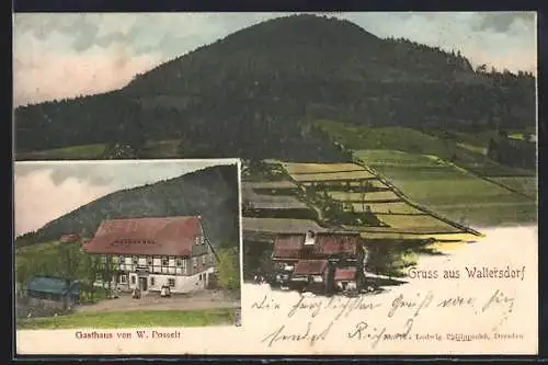 AK Waltersdorf / Sachsen, Gasthaus von W. Posselt, Ortsansicht aus der Vogelschau