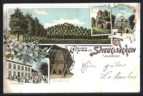 Lithographie Halberstadt, Gasthof Spiegelsbergen, Schloss, Aussichtsturm