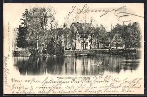 AK Nürnberg, Gasthof Valznerweiher am Wasser, Briefmarke der privaten Stadtpost