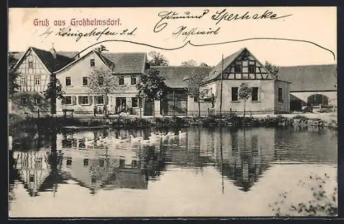 AK Grosshelmsdorf, Wasserpartie mit Blick auf den Ort