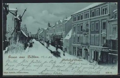 AK Zittau, Bahnhofs-Strasse im Schnee