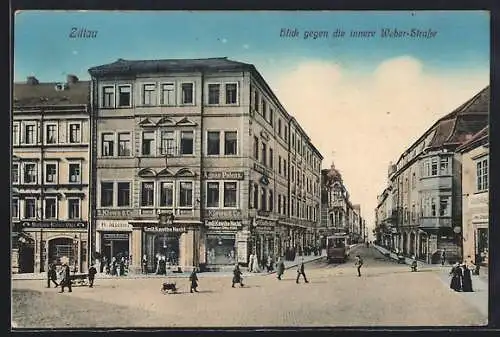 AK Zittau, Blick gegen die innere Weber-Strasse, Bierhaus Kleiner Pälz