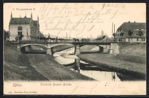 AK Zittau, Schliebenschule und Strasse an der Mandau, Friedrich August- Brücke
