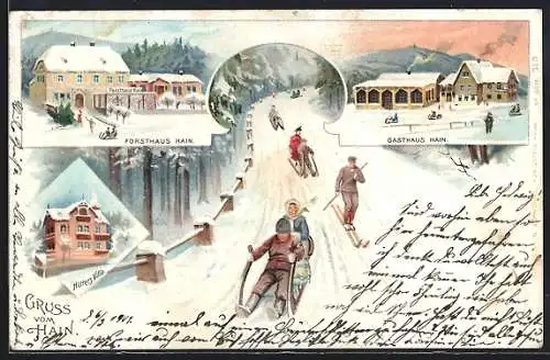 Winter-Lithographie Hain, Forsthaus Hain, Gasthaus Hain, Hütters Villa