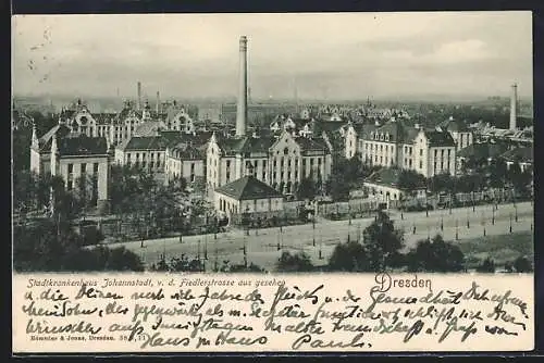 AK Dresden, Stadtkrankenhaus Johannstadt v. d. Fiedlerstrasse aus