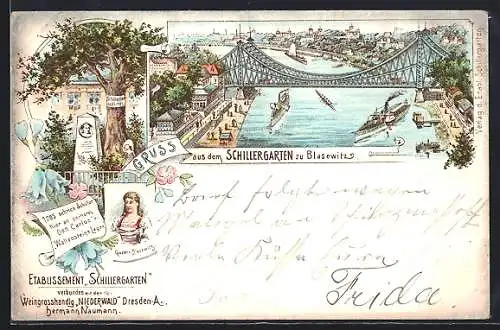 Lithographie Dresden-Blasewitz, Gasthaus Schillergarten, Fluss mit Dampfern