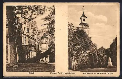 AK Karow /Magdeburg, Schloss, Gedenkstein der Gefallenen 1914- 1918