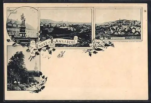 AK Annaberg / Erzgebirge, Die alte Linde, Buchholz, Denkmal Barbara Uttmann, Totalansicht