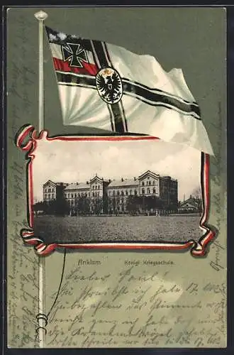 Passepartout-Lithographie Anklam, Königl. Kriegsschule, Reichskriegsfahne