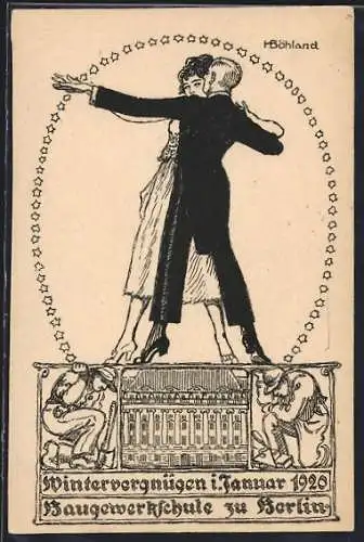 Künstler-AK sign. Johannes Böhland: Berlin-Schöneberg, Wintervergnügen 1920, Baugewerkschule, Kurfürstenstrasse 141