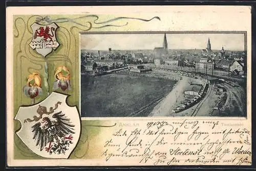 Passepartout-Lithographie Anklam, Totalansicht aus der Vogelschau, Wappen