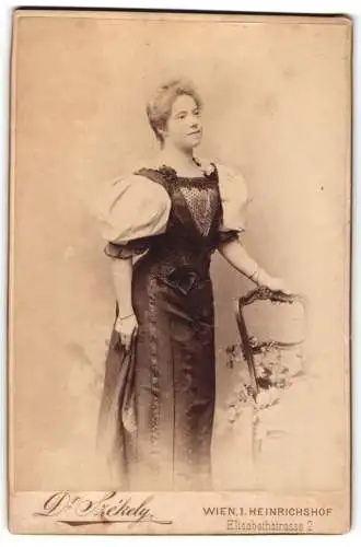Fotografie Dr. Székely, Wien, Elisabethstrasse 2, Dame in elegantem Kleid mit Stuhl 1896