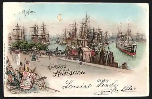 Lithographie Hamburg, Hafenansicht mit leuchtendem Mond, Dampfer, Anker, Wappen, Halt gegen das Licht