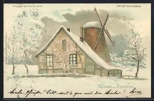 Lithographie Bauerngehöft mit Windmühle im Winter, Sommeransicht mit Gänsen im Gegenlicht, Halt gegen das Licht
