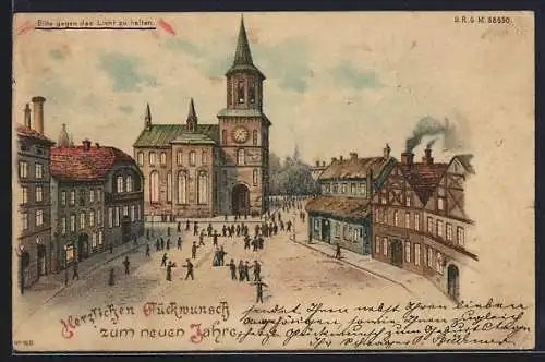 Lithographie Ortspartie mit Kirche, Neujahrsgruss, Leuchtende Fenster und Mondschein, Halt gegen das Licht