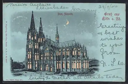 Lithographie Köln a. Rh., Dom mit leuchtenden Fenstern und Mondschein, Halt gegen das Licht