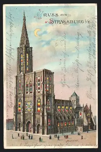 Lithographie Strassburg i. E., Münster mit leuchtenden Fenstern und Mond, Halt gegen das Licht
