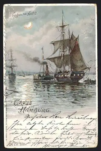 Lithographie Hamburg, Schiffe im Hafen bei Nacht mit leuchtendem Mond, Halt gegen das Licht
