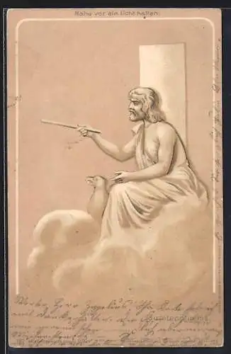 Lithographie Jupiter pluvius zeigt auf eine Strassenszenerie, Halt gegen das Licht