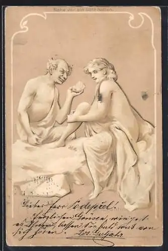 Lithographie Faun und Bachantin, im Gegenlicht Mann im Anzug und elegante Frau, Halt gegen das Licht