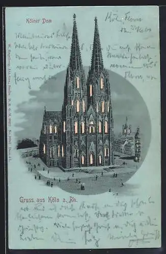 Lithographie Köln a. Rh., Dom bei Nacht mit leuchtenden Fenstern, Halt gegen das Licht