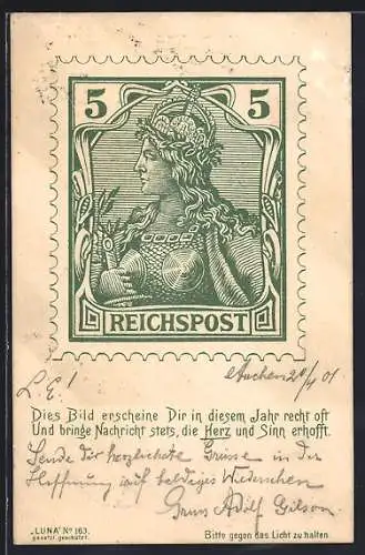 Künstler-AK Briefmarke der Reichspost mit Farben der Reichsdahne im Hintergrund, Halt gegen das Licht