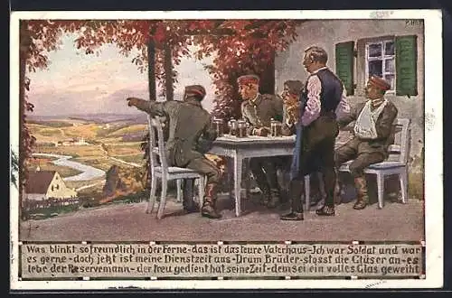 Künstler-AK Paul Hey: Verein für das Deutschtum im Ausland, Soldaten in Uniformen sitzen an einem Tisch mit Bier